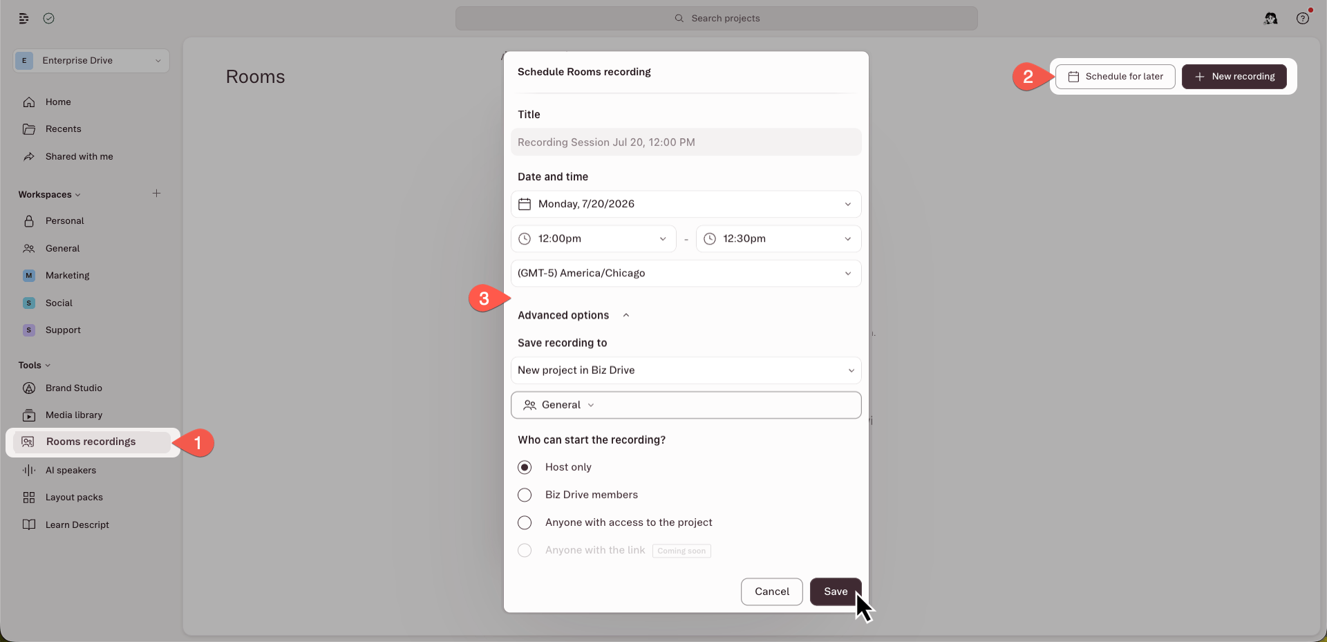 Scheduling window for a Rooms session