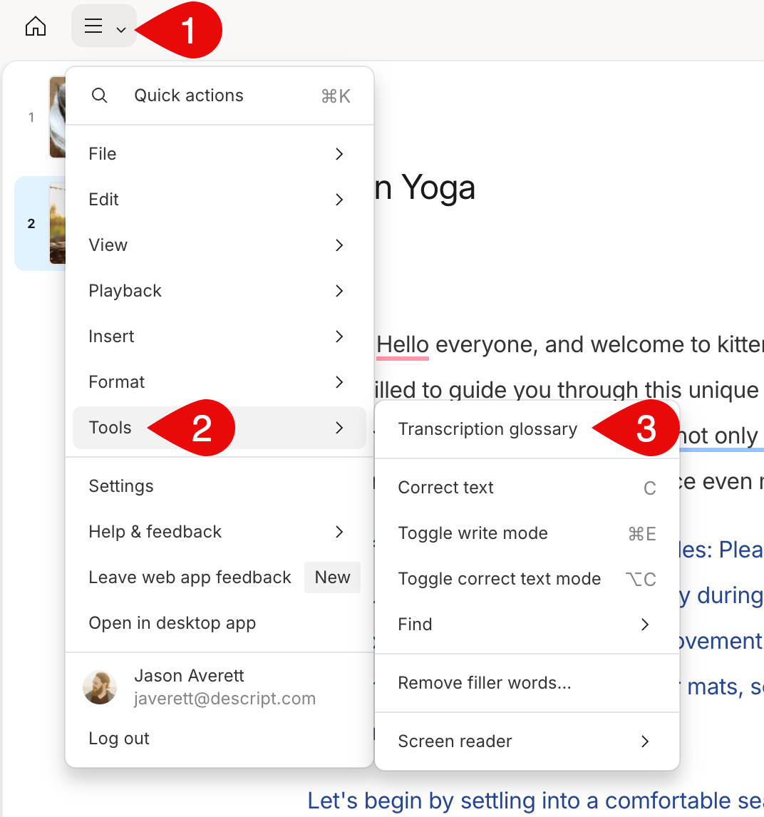 Accessing the Transcription Glossary in the Tools menu