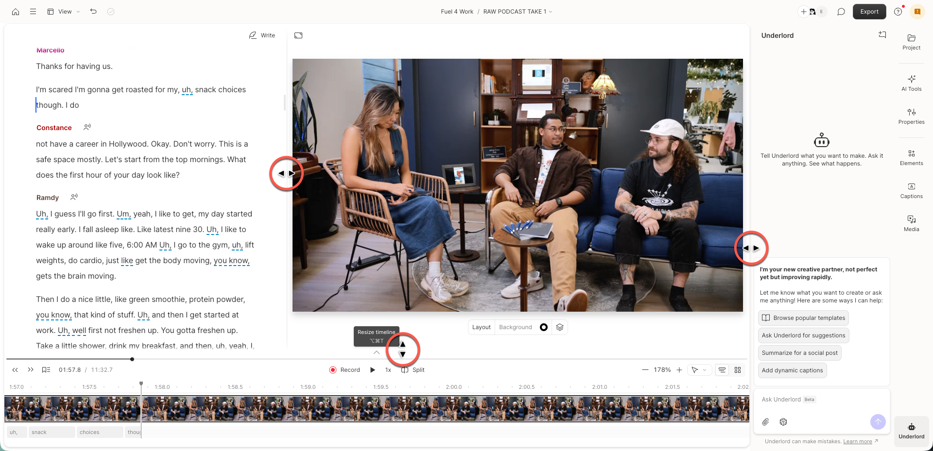 Dragging the border between editor panels to resize the timeline, scene editor, and sidebar