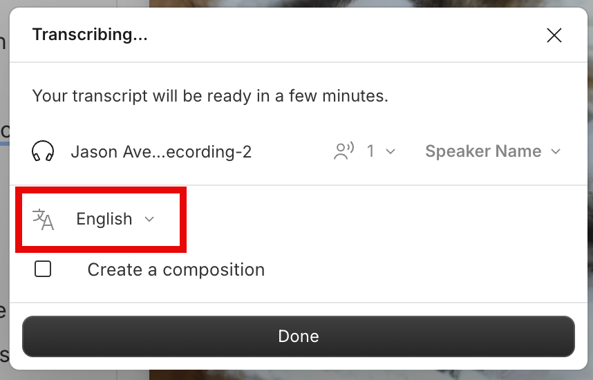 Modal to select a different transcription language