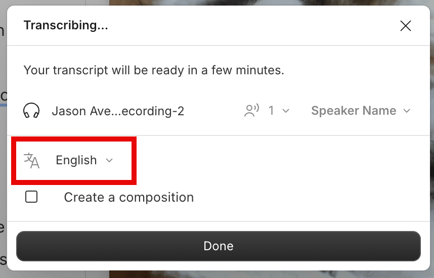 Modal to select a different transcription language