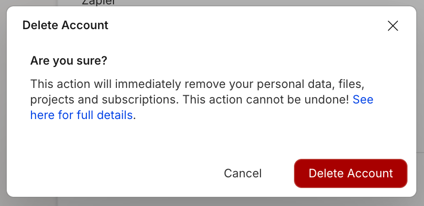 Account deletion confirmation modal