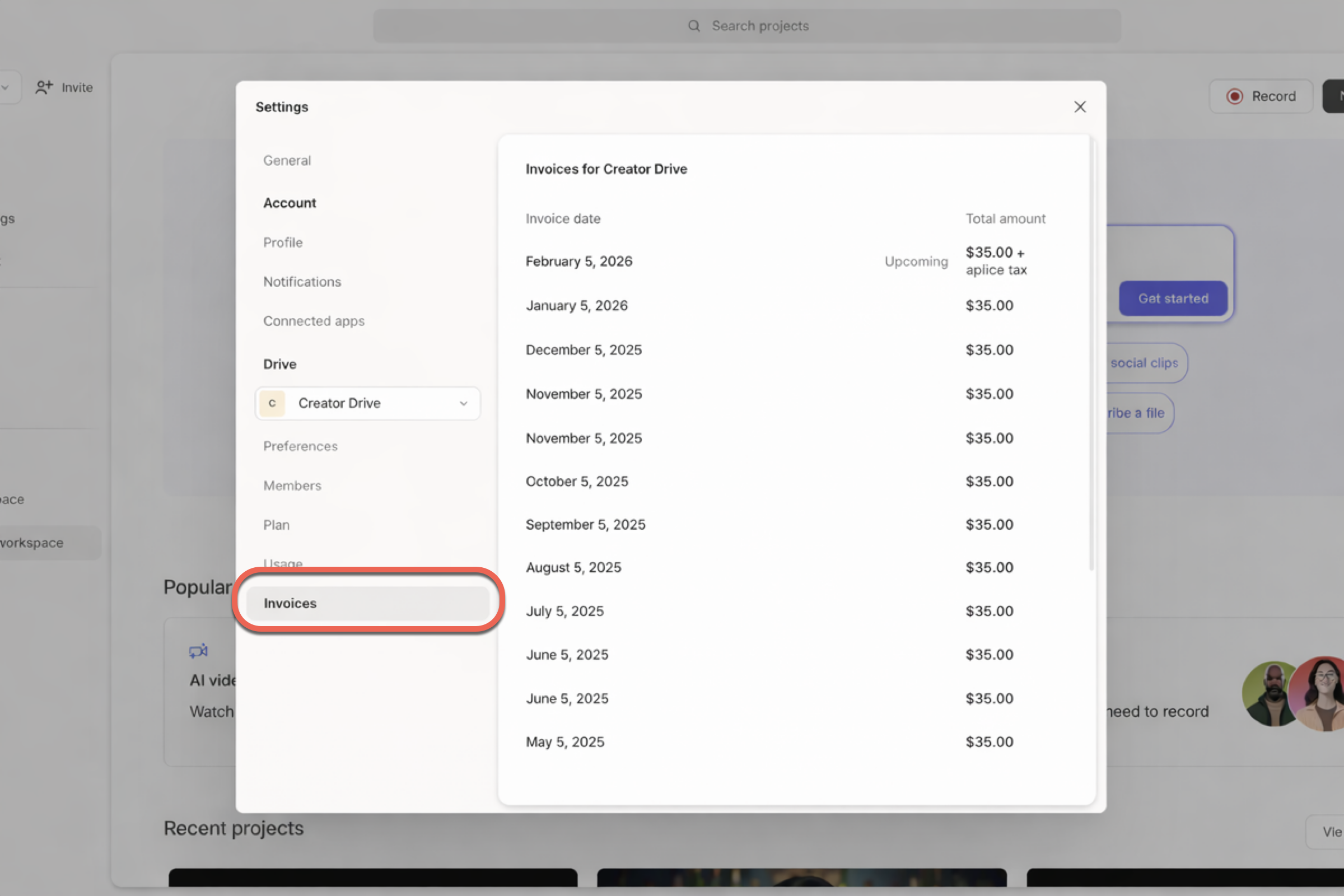 Invoice tab in Descript account settings