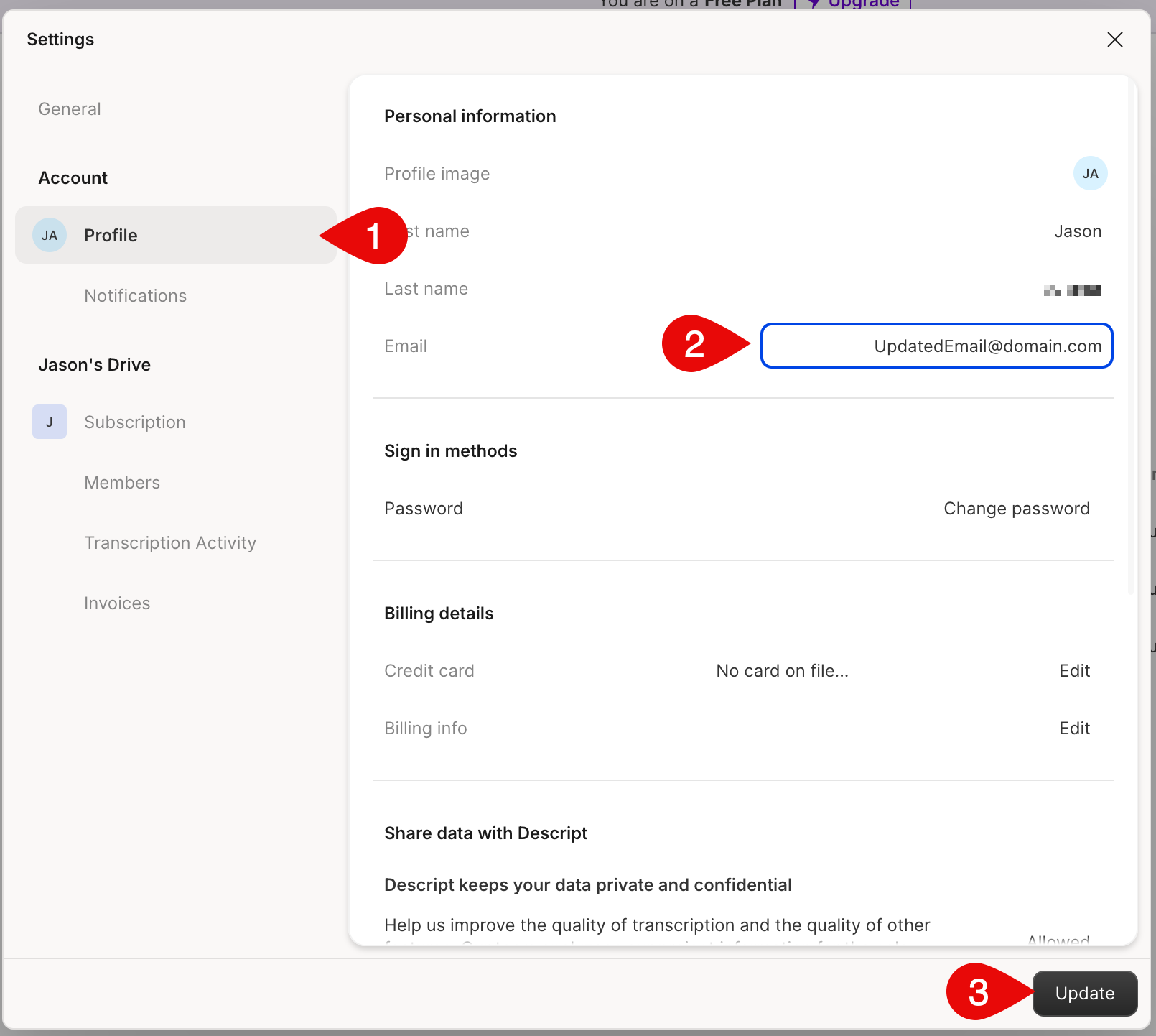 Email field in account settings