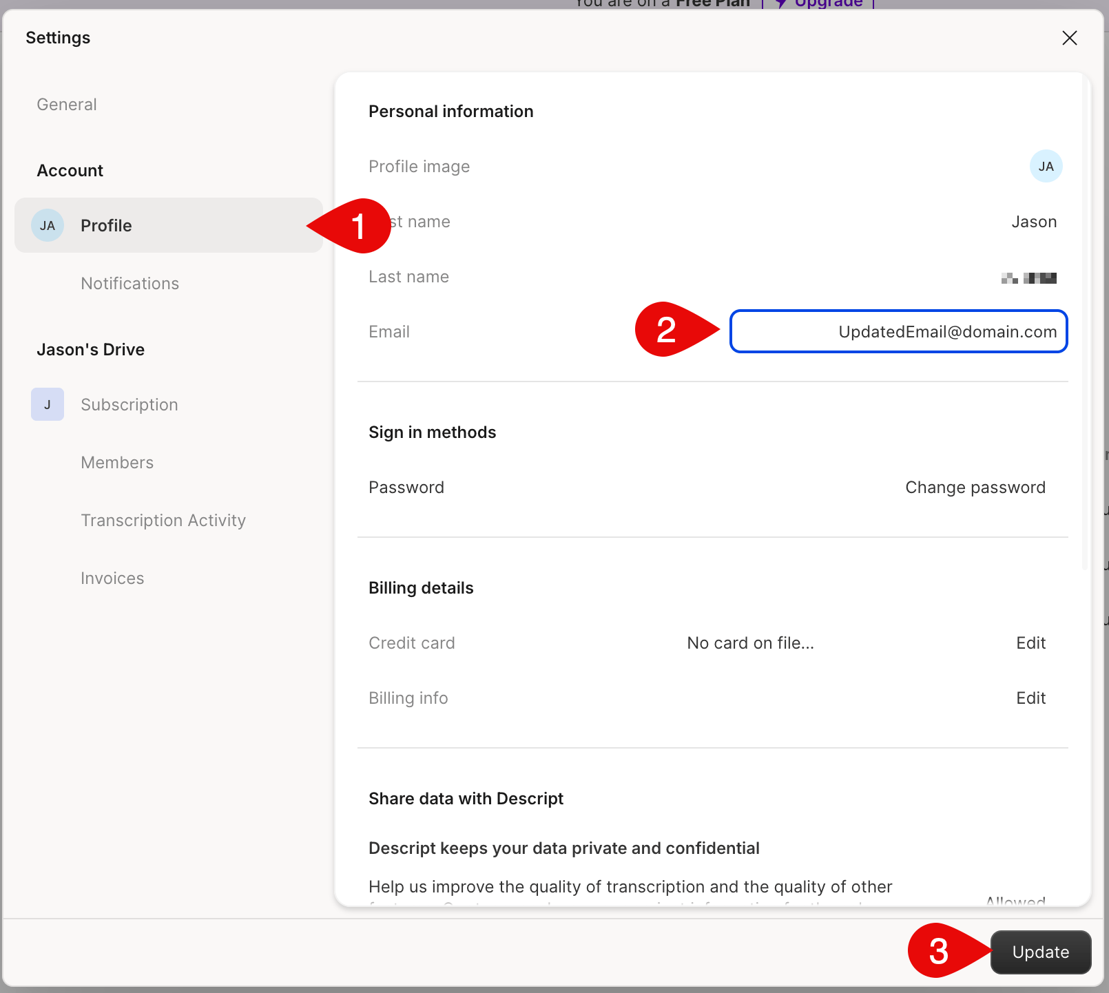 Email field in account settings