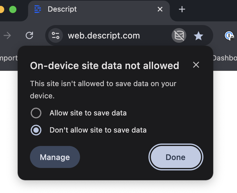 Browser site data settings for web.descript.com
