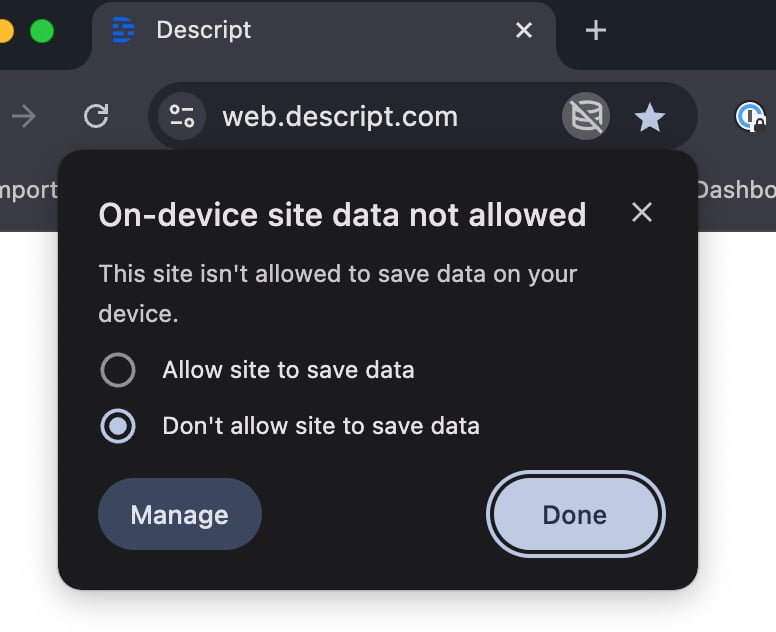 Browser site data settings for web.descript.com