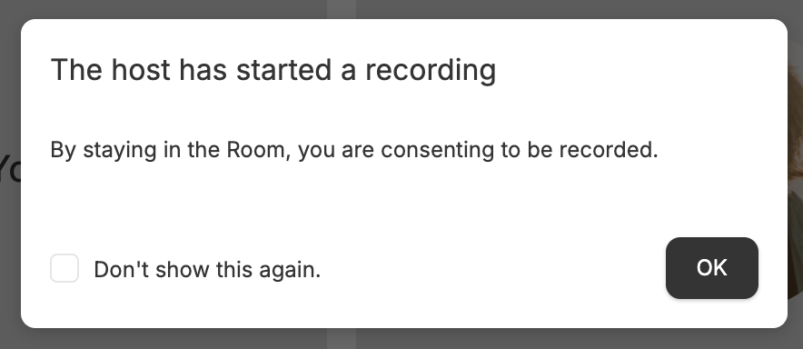 Recording notification shown to participants in Descript Rooms