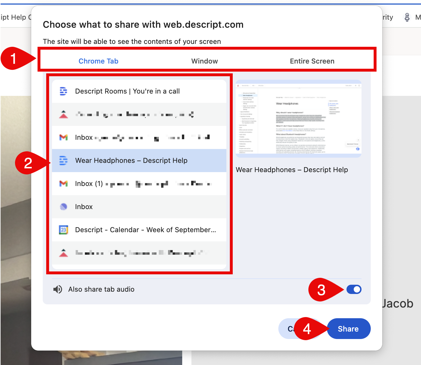 Select a tab, window, or entire screen to share in Descript Rooms