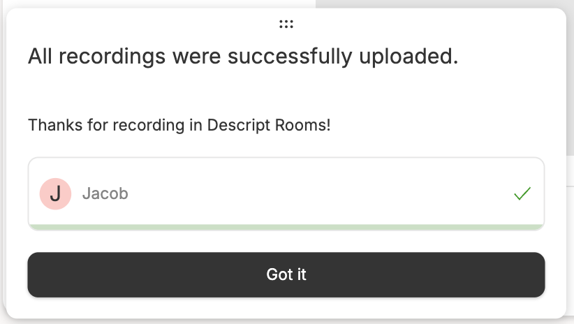 Upload progress window in Descript Rooms