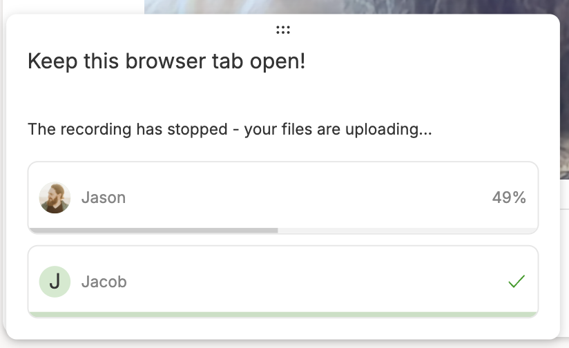 Upload status window in Descript Rooms after recording