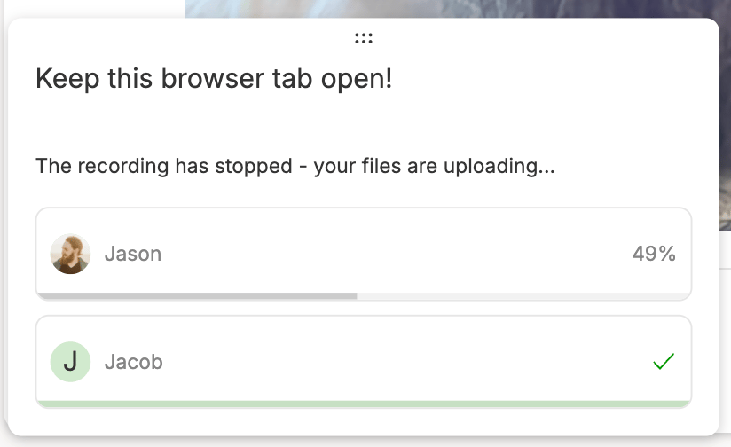 Upload status window in Descript Rooms after recording