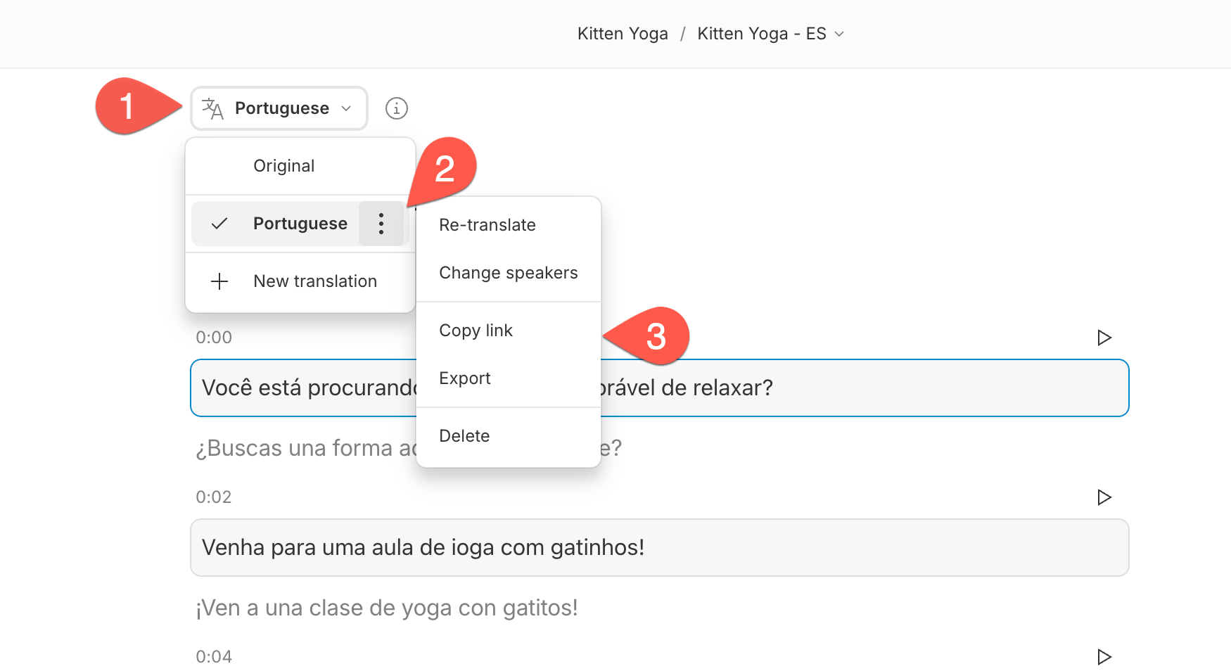 Manage translations options menu in Descript