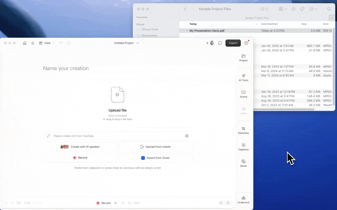 GIF showing a PDF being dragged into the Files panel in Descript.