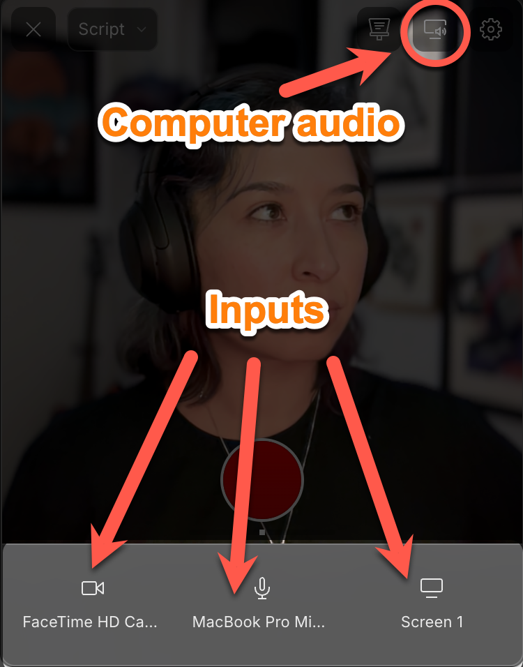 Selecting inputs in the Descript screen recording dock