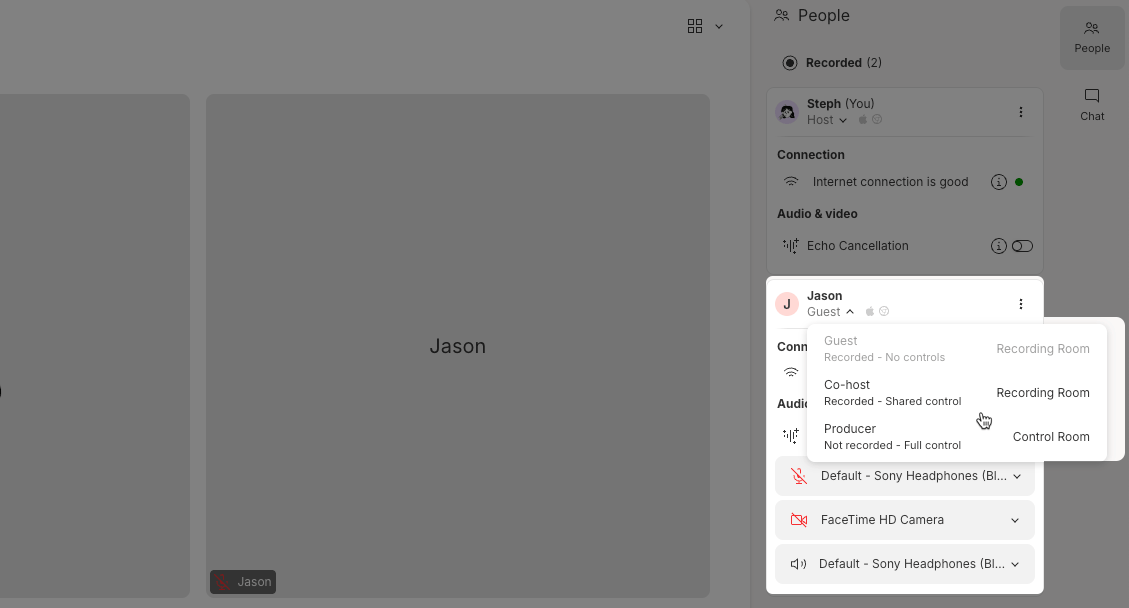 Changing a participant's role from the People tab. Hit Esc to close.