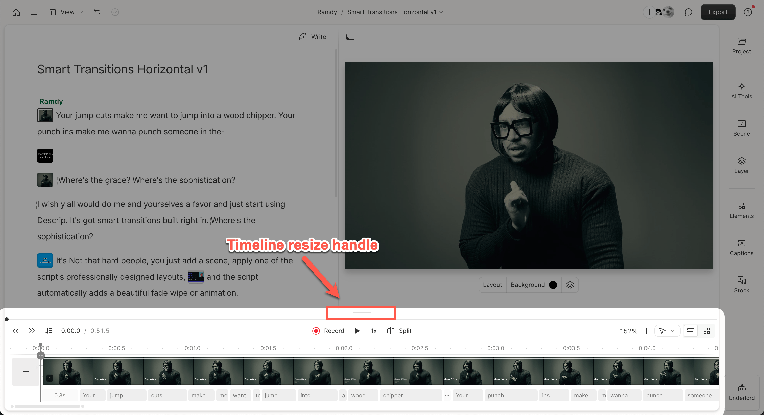 Click the resize handle above the transport to reveal the timeline
