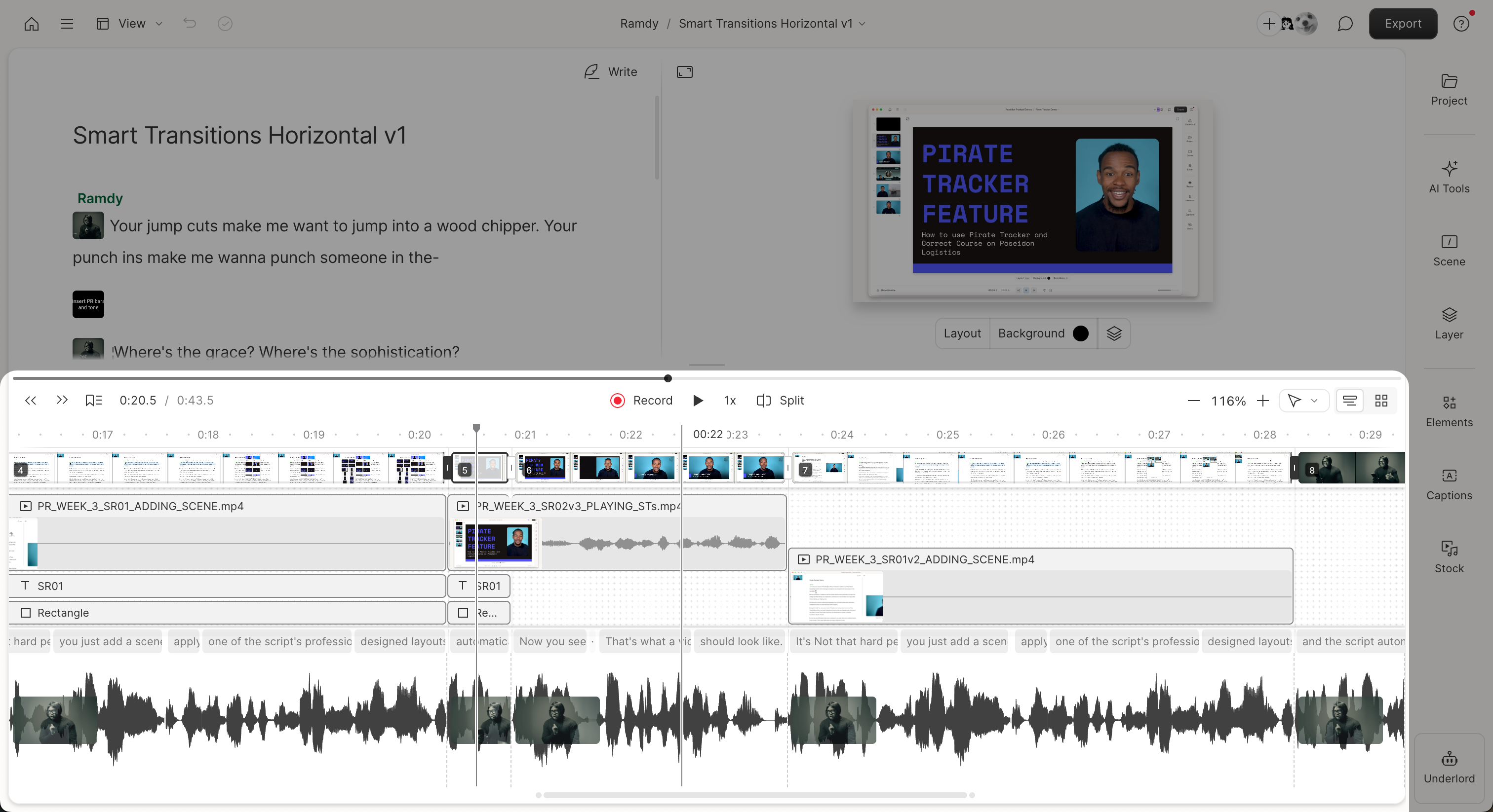 Fully expanded Descript timeline with multiple layers visible