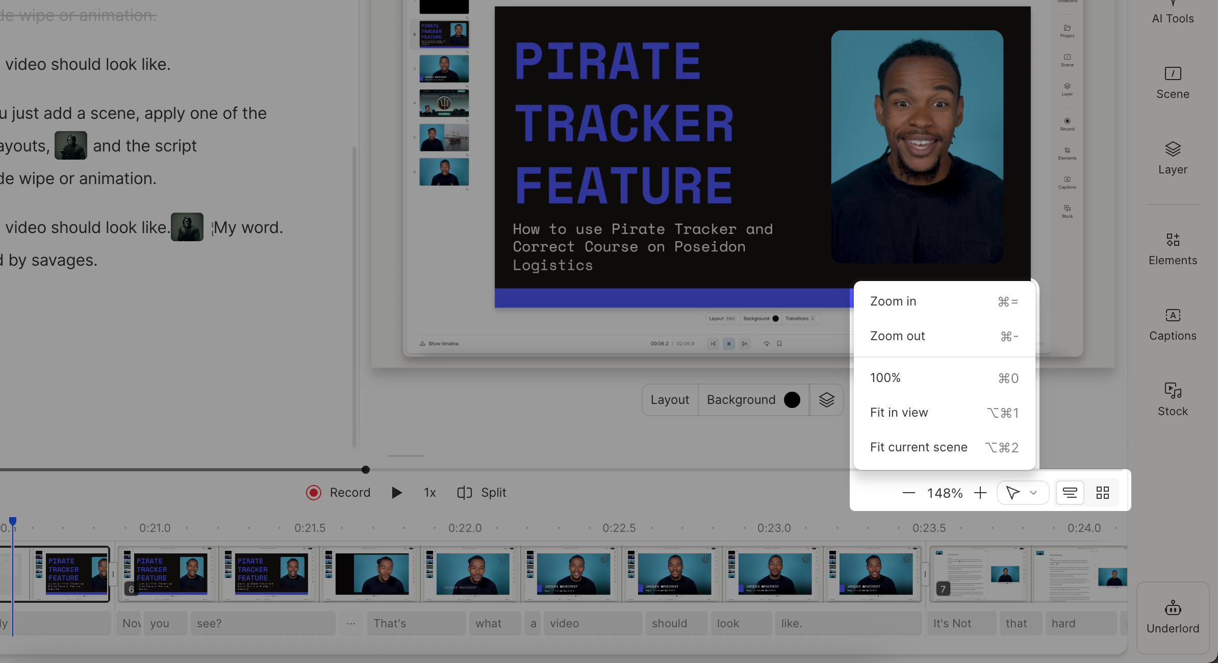 Zoom and fit controls in Descript timeline