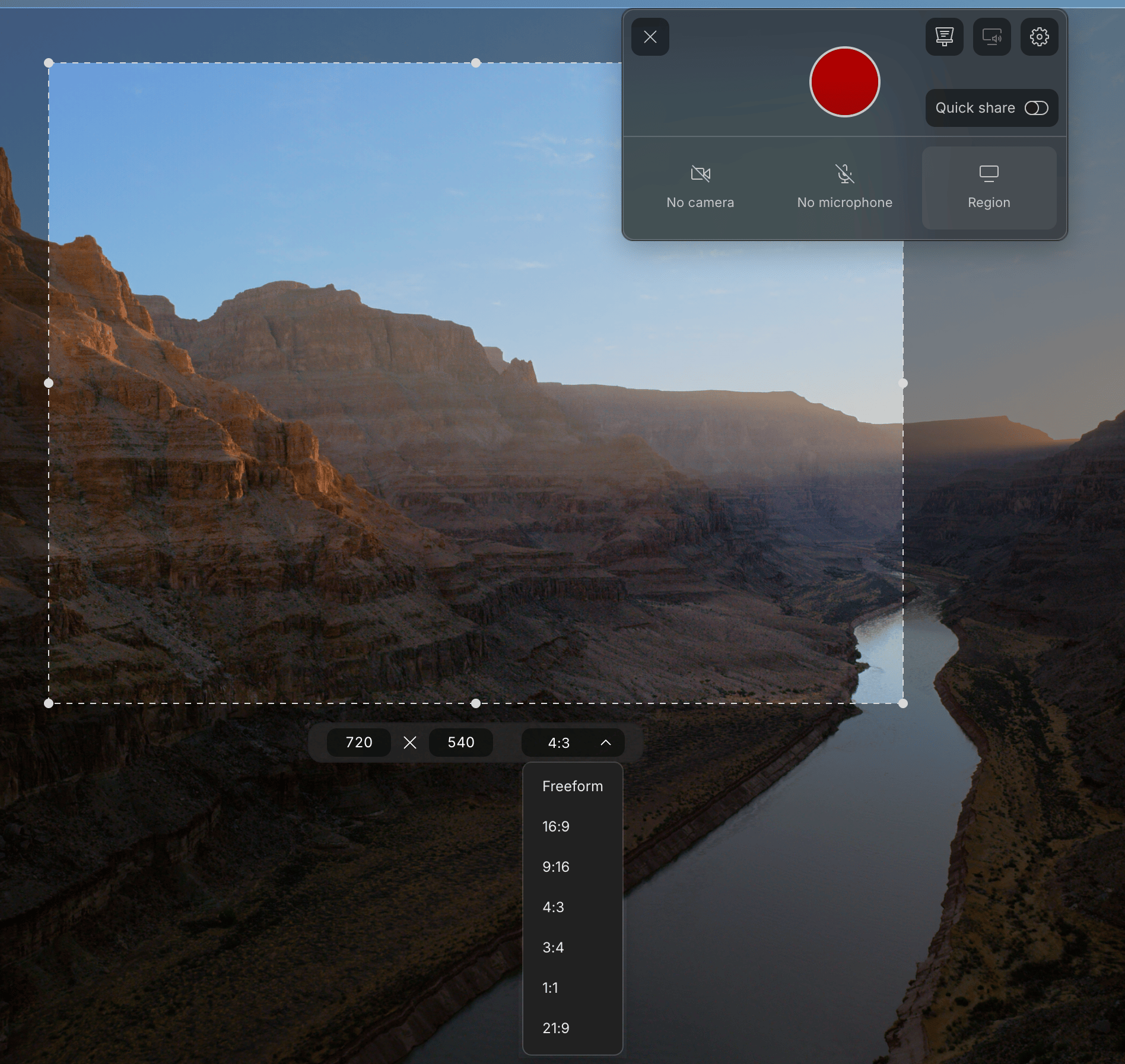 Custom region selection for screen recording