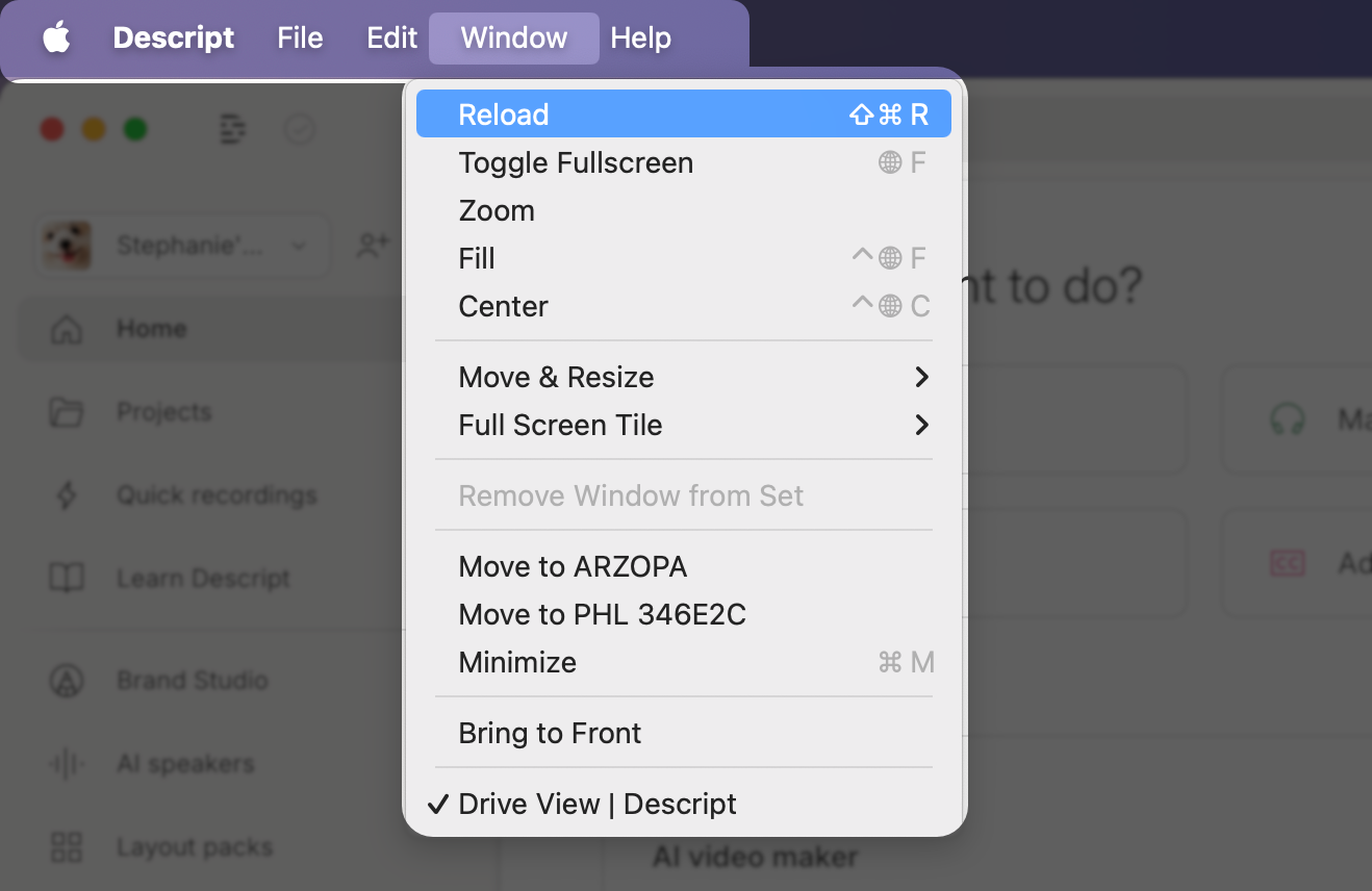 Reload option in the Window menu