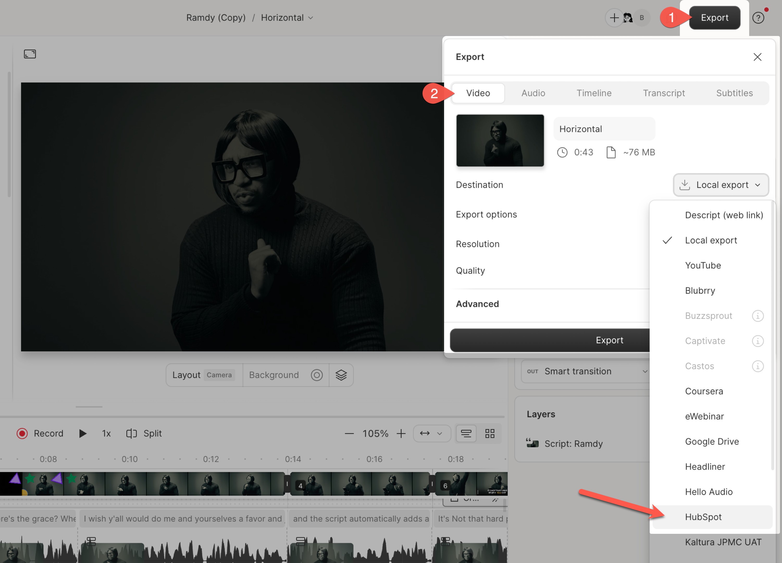Exporting to HubSpot from Descript