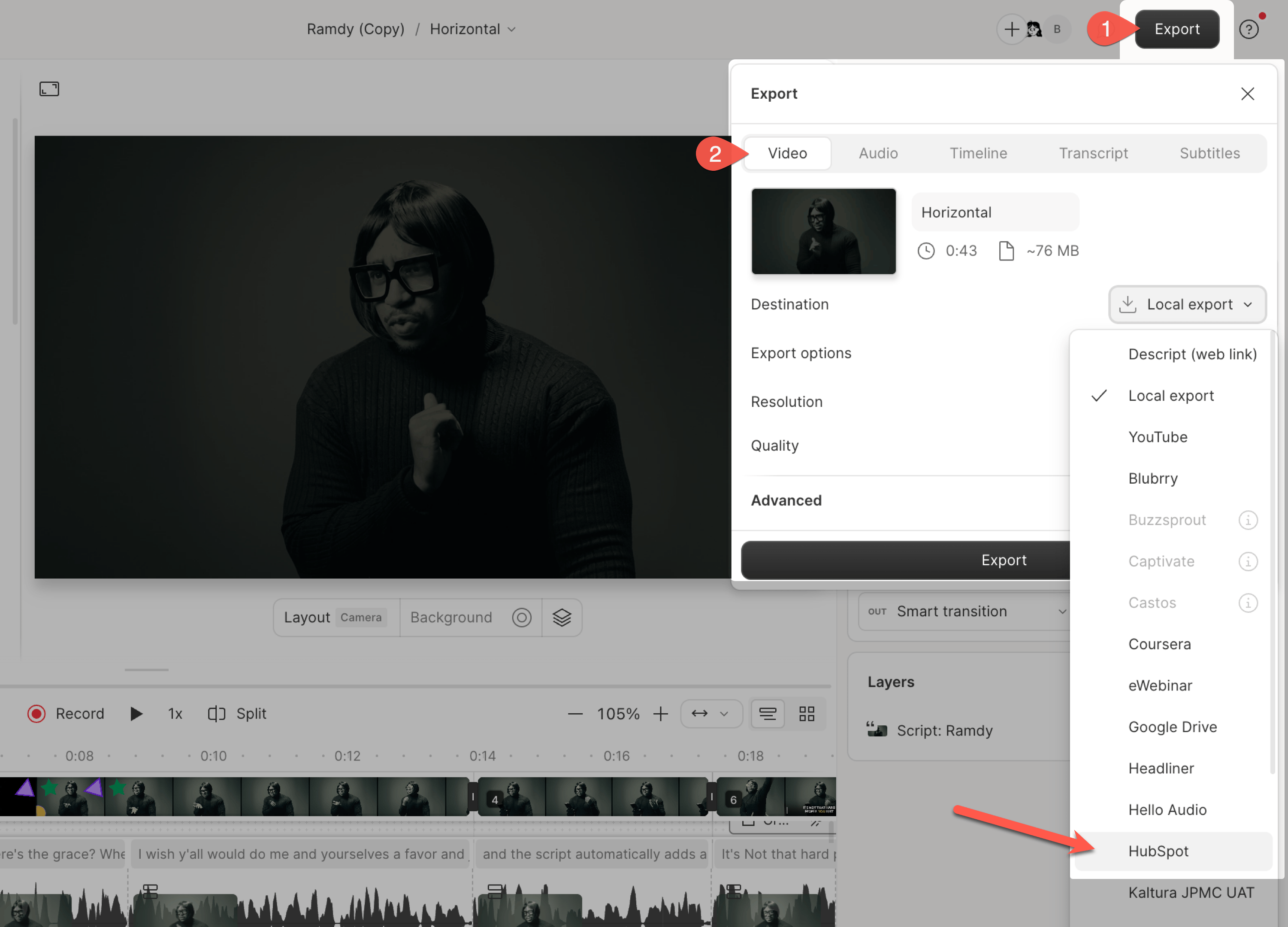 Exporting to HubSpot from Descript