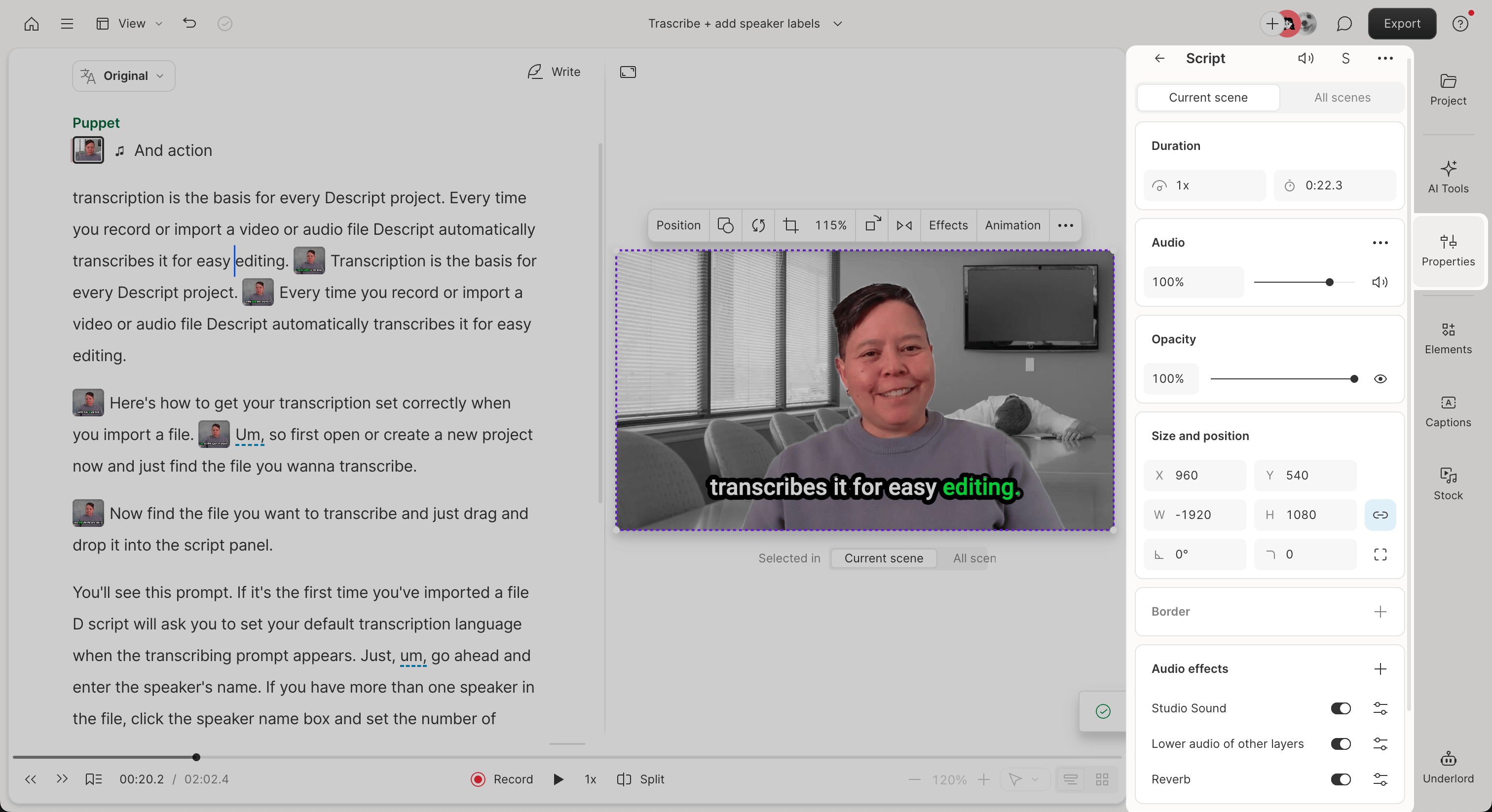 Image of Descript's editor interface with the Properties panel highlighted