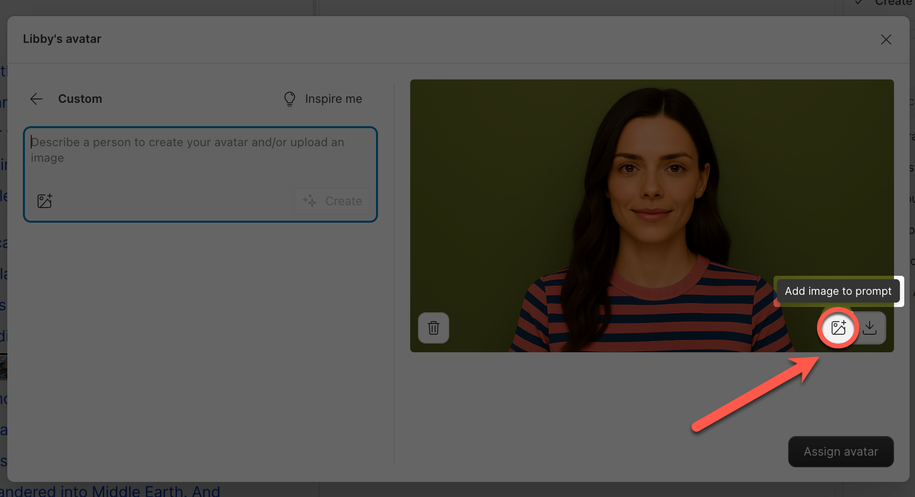 Add image to prompt button in the avatar window preview pane.