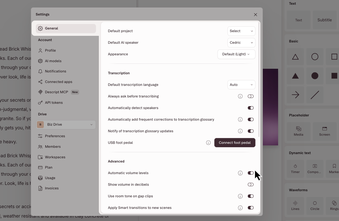 App settings in Descript showing the toggle for Automatic volume levels. Press Esc to close.