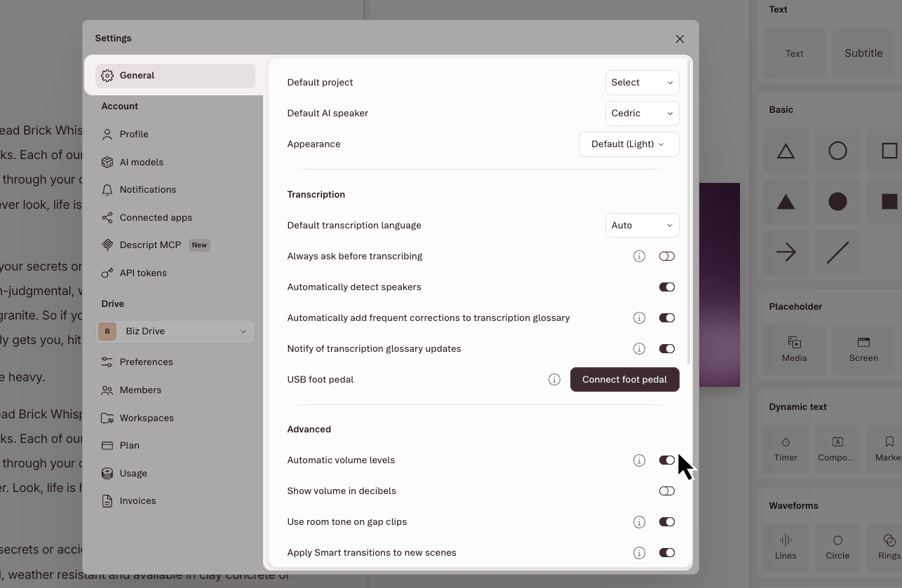 App settings in Descript showing the toggle for Automatic volume levels. Press Esc to close.