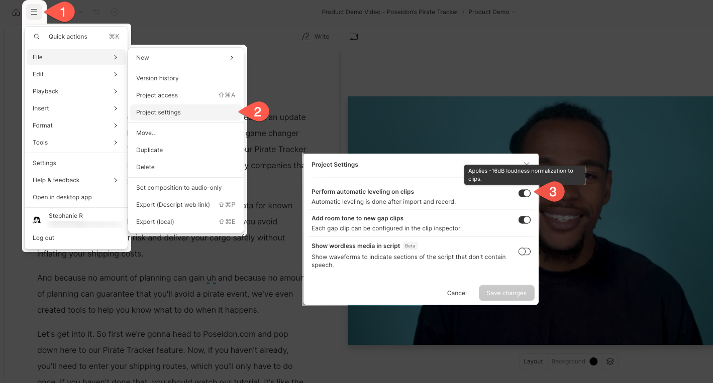 Project settings in Descript showing the toggle for Perform automatic leveling on clips. Press Esc to close.