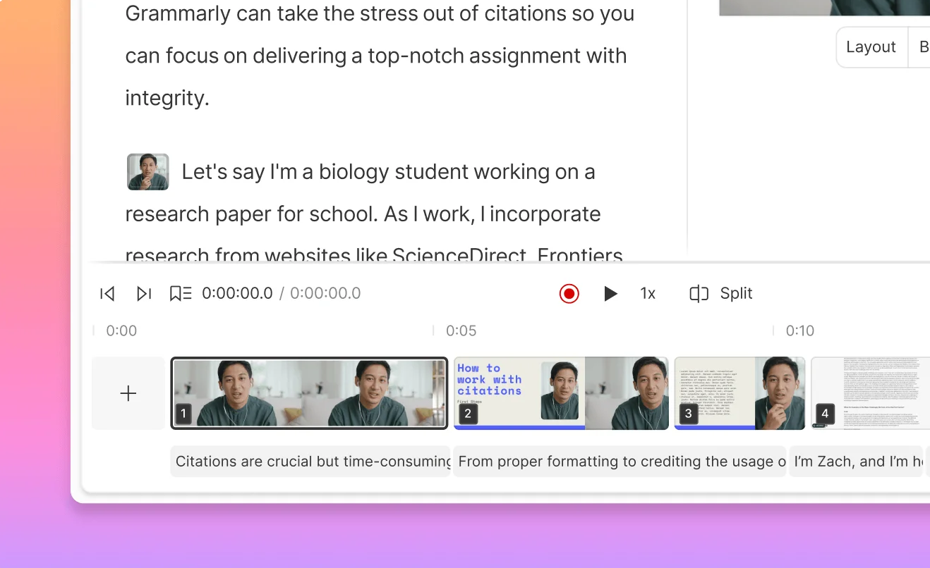 Timeline editing in Descript showing clips arranged for precise control. Press Esc to minimize