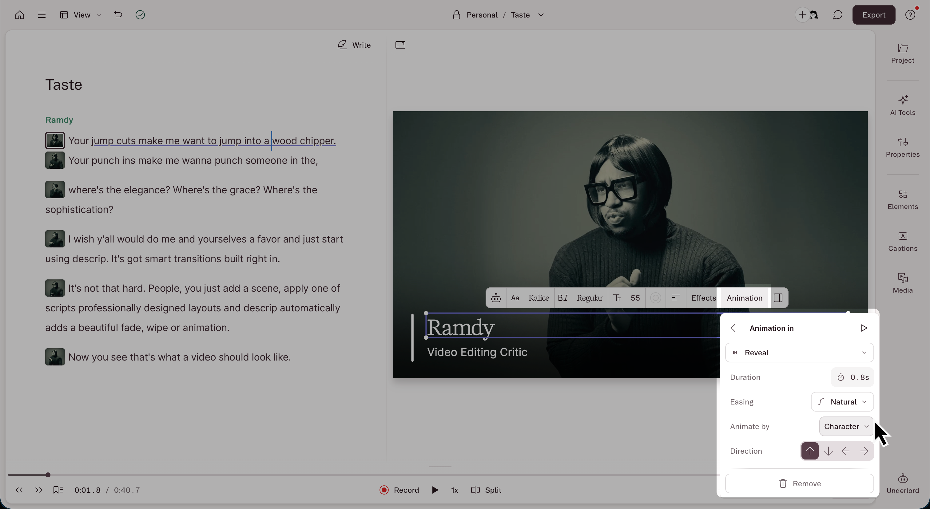 A text layer selected in the scene editor, with the Animation menu open to reveal adjustable parameters