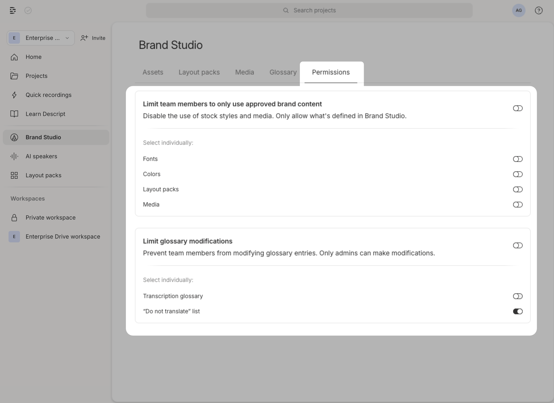 Brand Studio permissions settings window