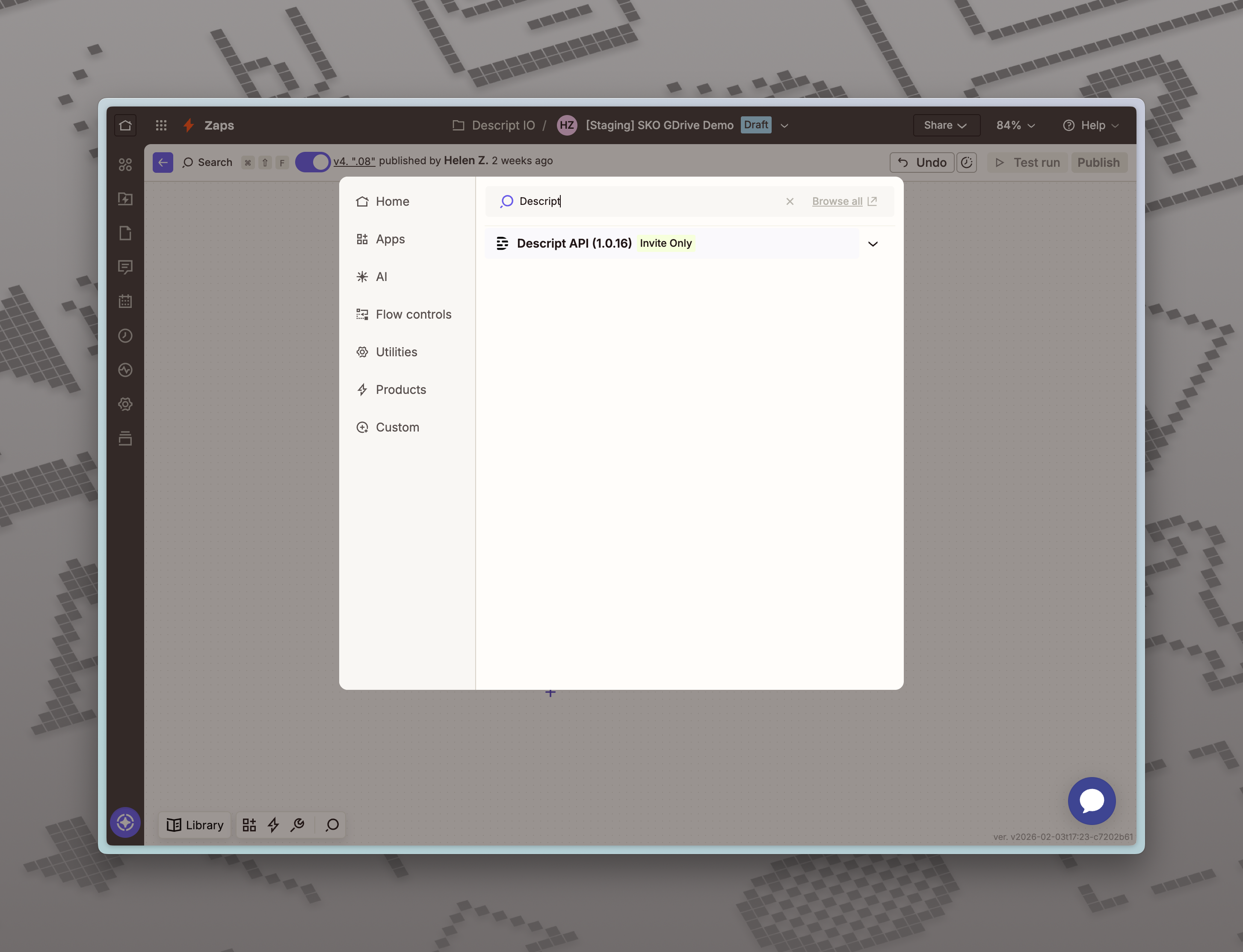 Select Descript app in Zapier search