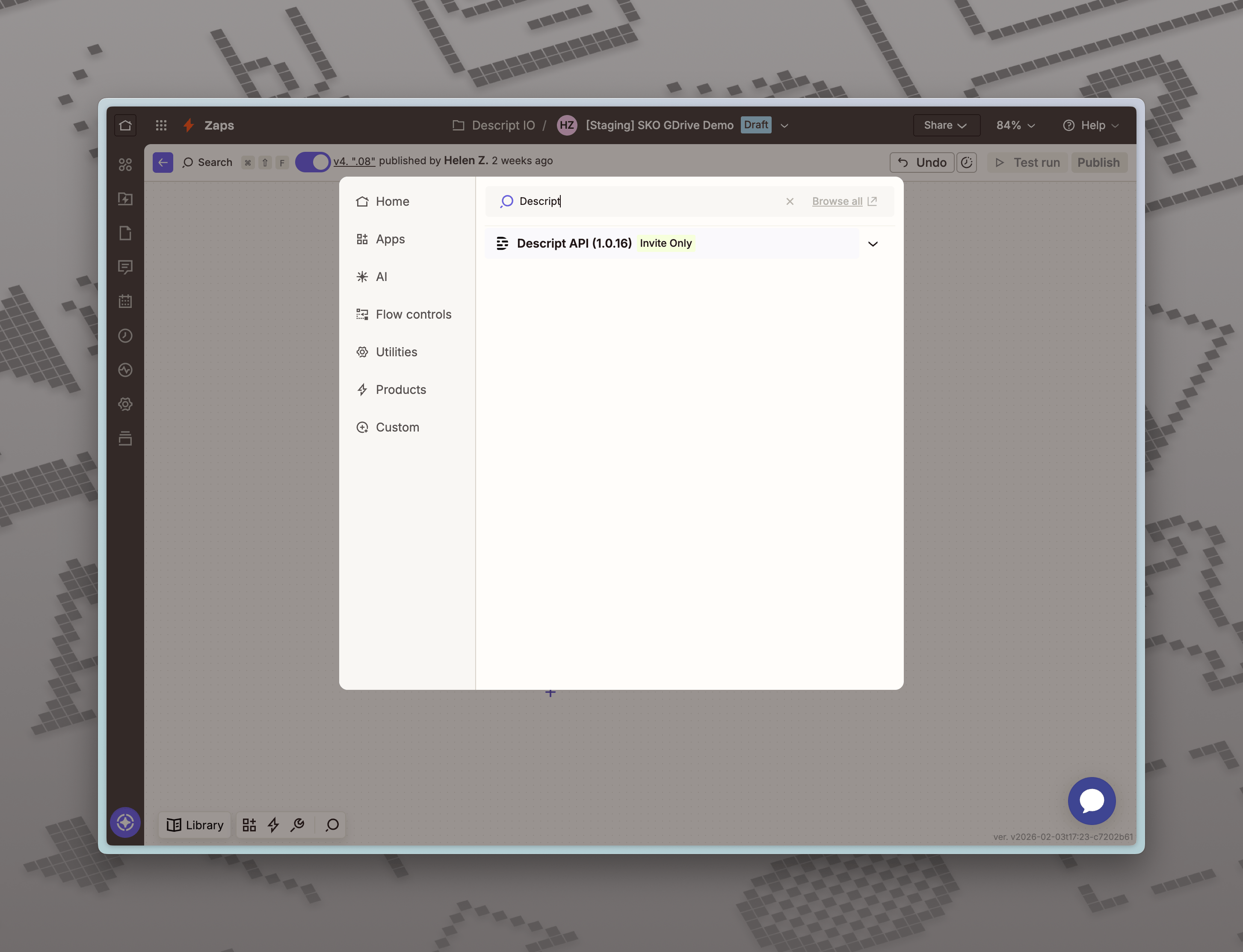 Select Descript app in Zapier search
