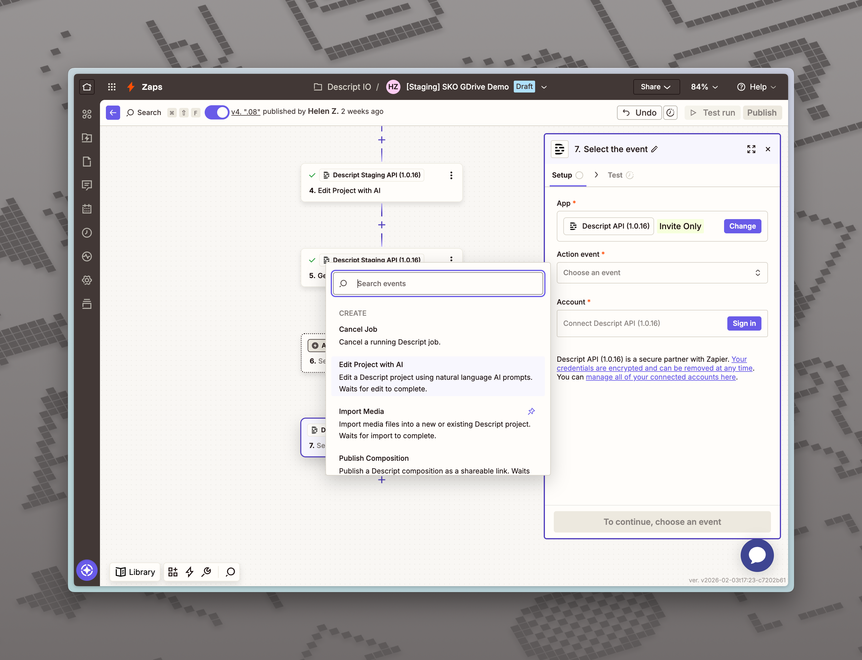 Choose Zapier event for Descript