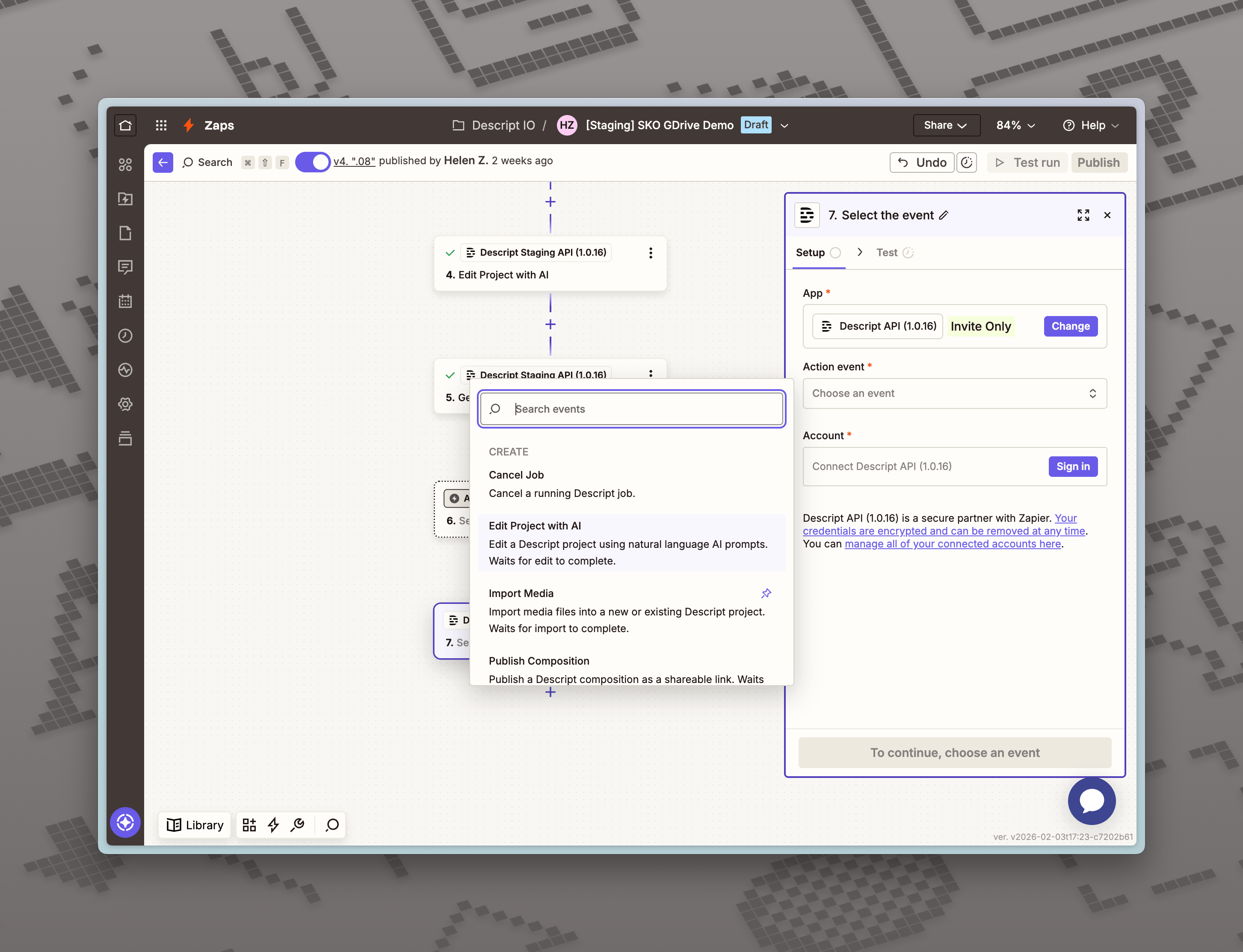 Choose Zapier event for Descript