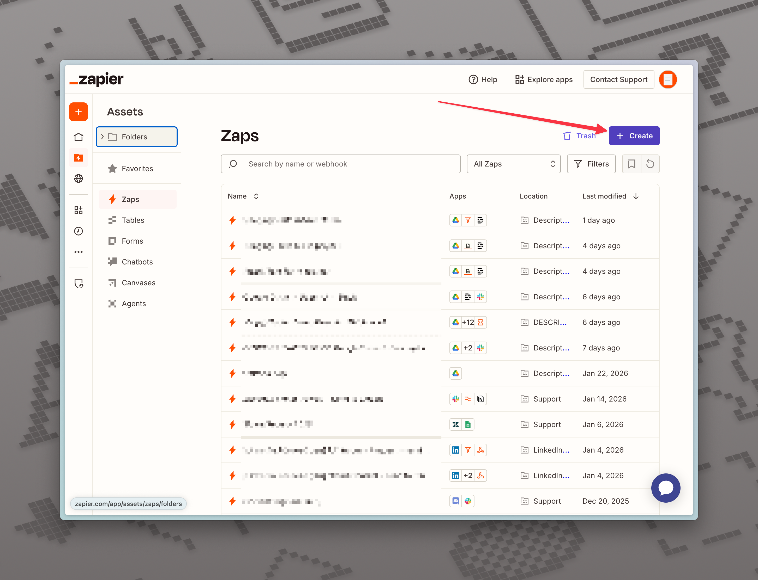 Create Zap button in Zapier