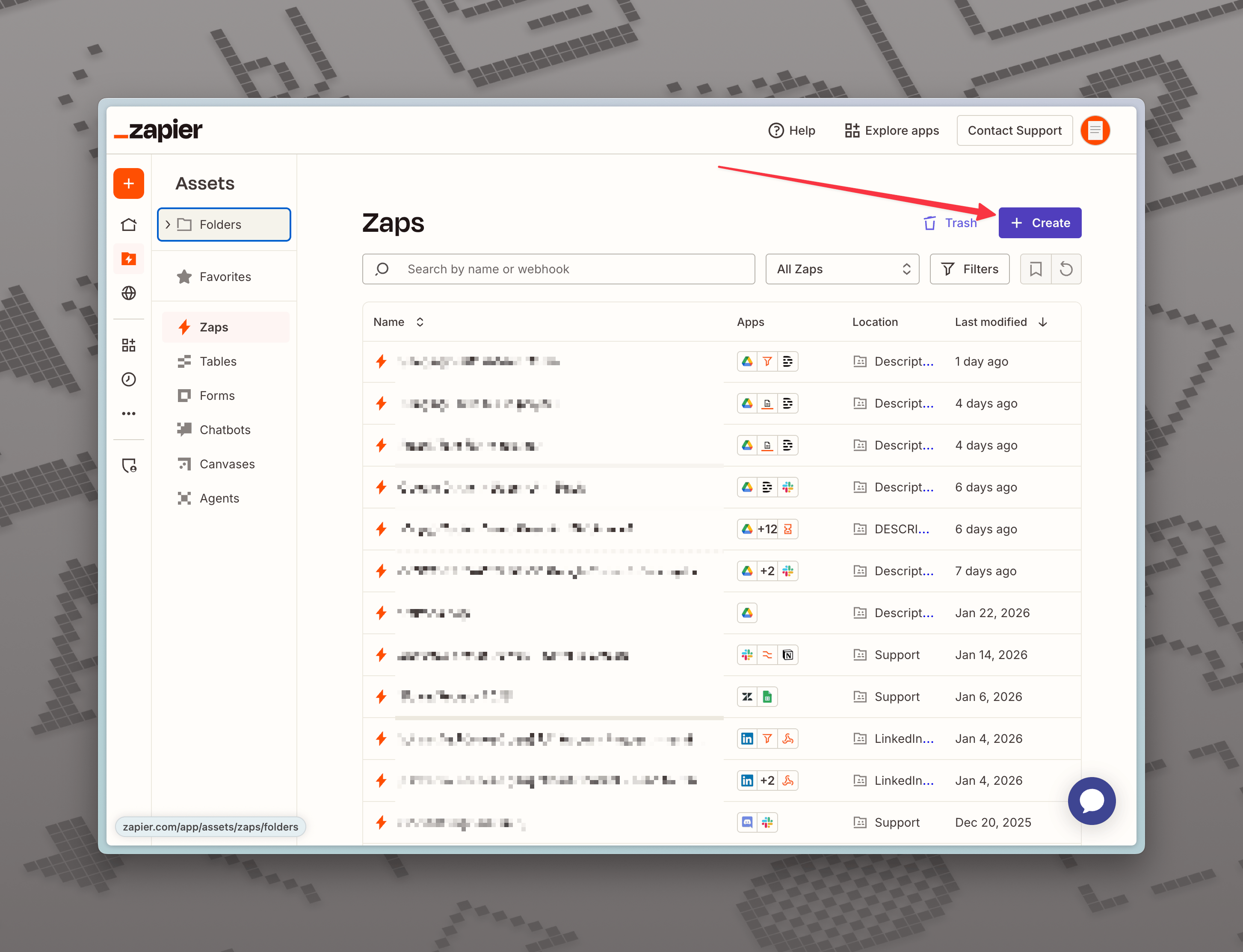 Create Zap button in Zapier