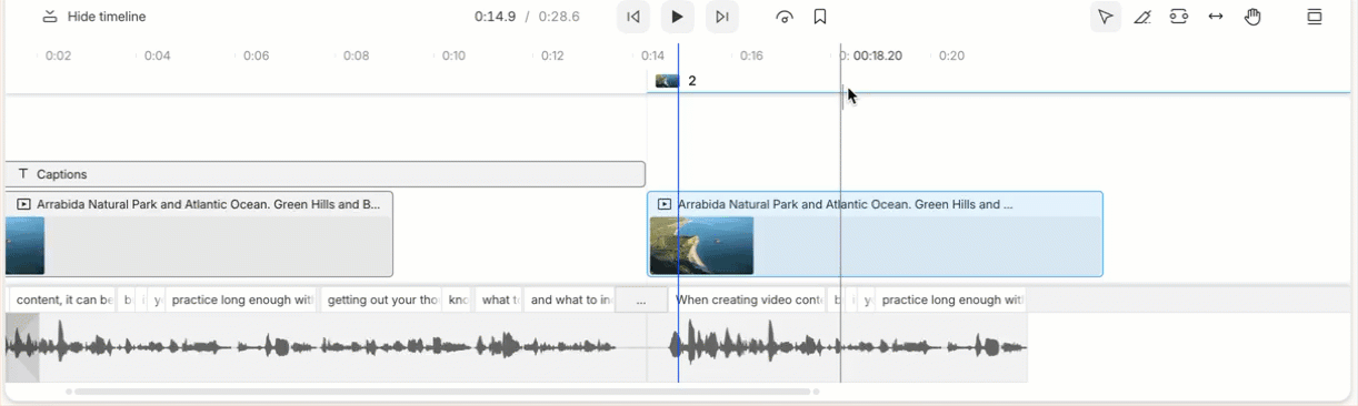 GIF showing how to merge two clips and apply a crossfade transition