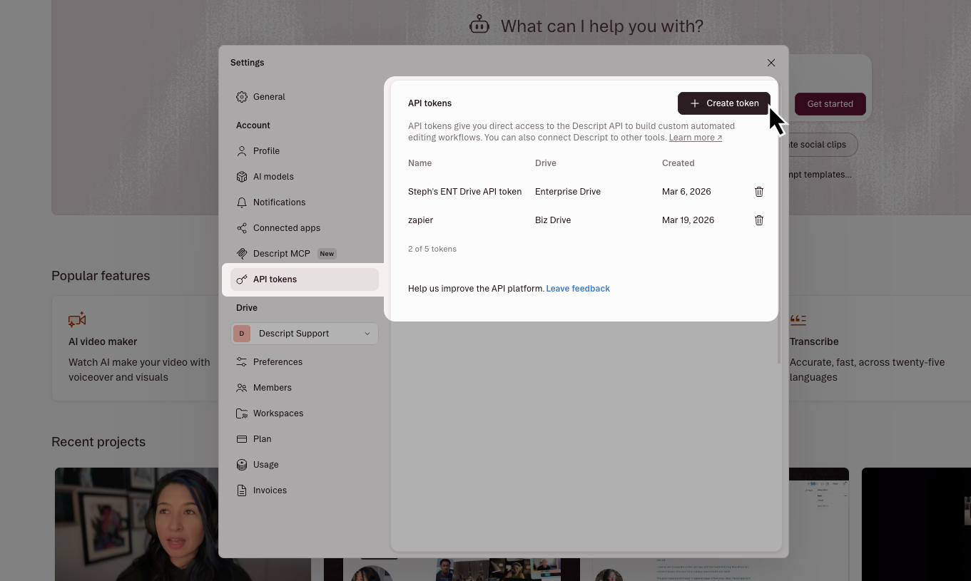 Create API token button in Descript account settings