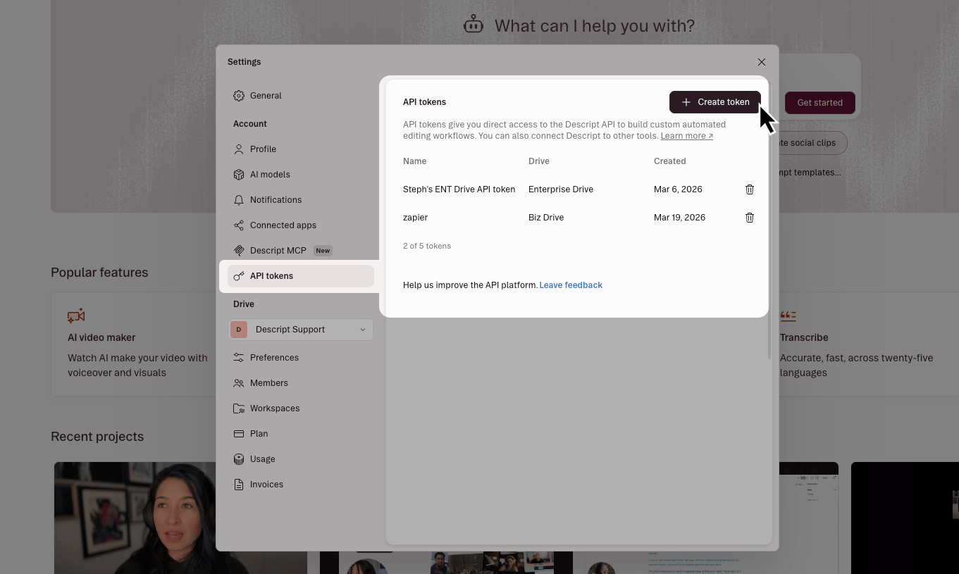 Create API token button in Descript account settings