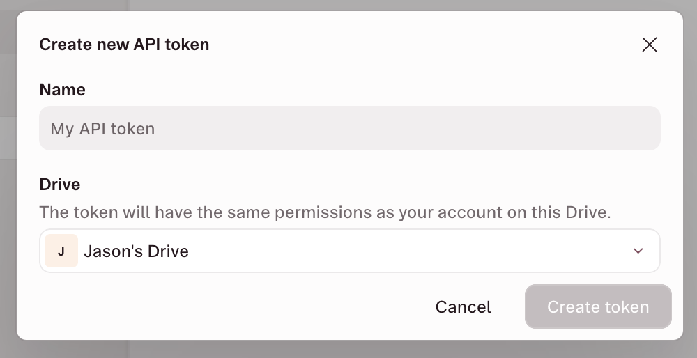Name and assign API token dialog