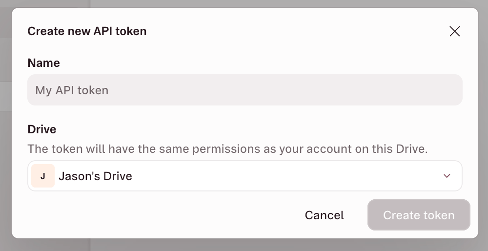 Name and assign API token dialog