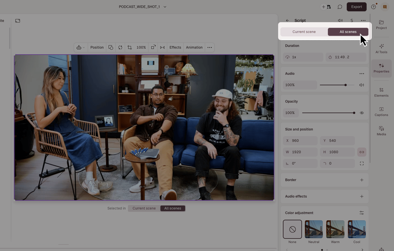 All Scenes toggle in the Properties Panel