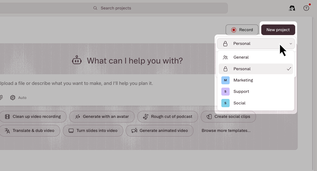 The New project button showing a workspace picker on Enterprise plans