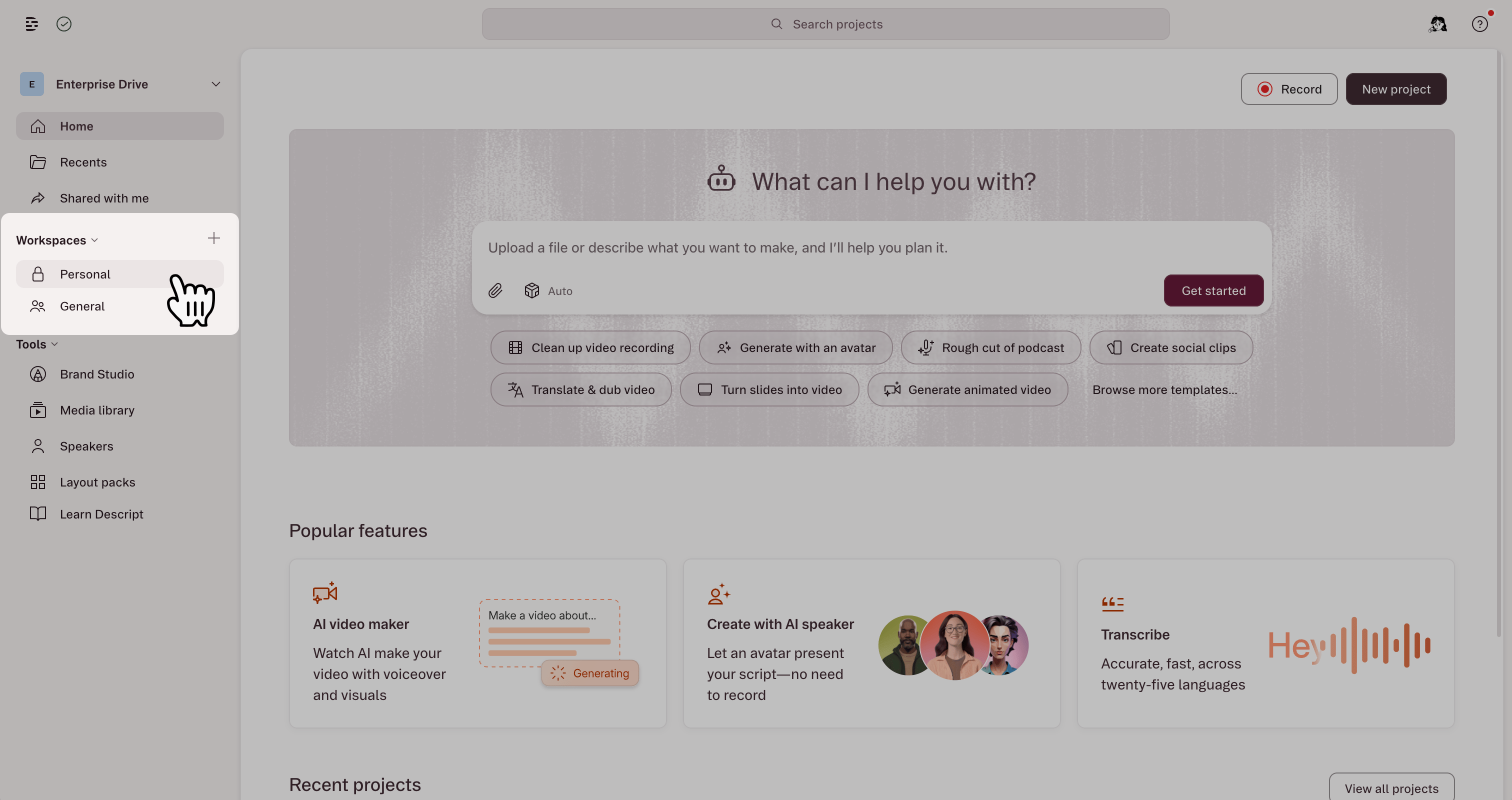 The drive view sidebar showing workspace navigation in Descript