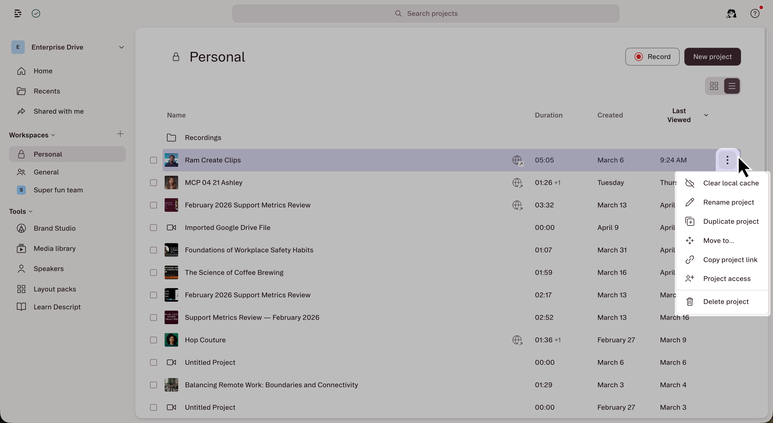 The project actions menu in the drive view